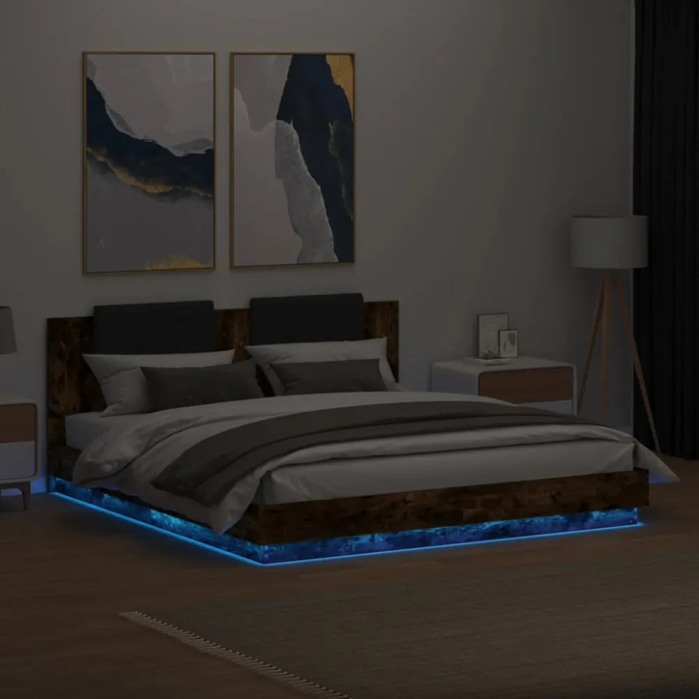 füstös tölgy színű ágykeret fejtámlával és LED-ekkel 160x200 cm