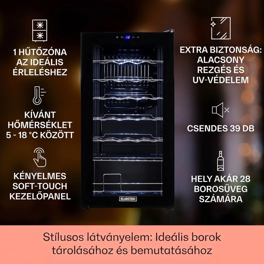 Klarstein Shiraz 28 Uno, borhűtő, 74 liter, 28 palack, 5-18°C, érintőképernyős vezérlőpanel
