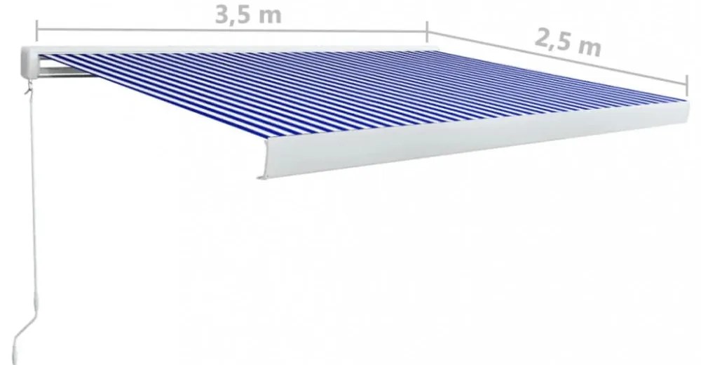 kék és fehér manuális, kazettás napellenző 350 x 250 cm