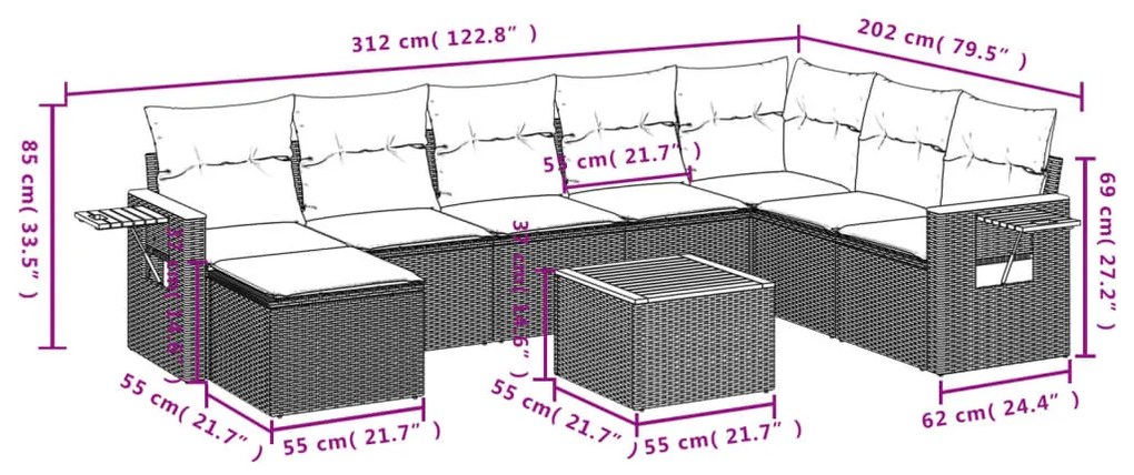 9 részes fekete polyrattan kerti ülőgarnitúra párnával