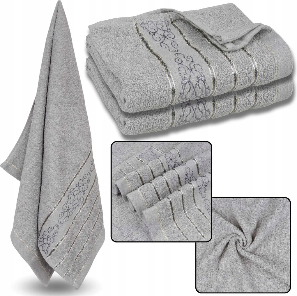 Szürke pamut törölköző dekoratív hímzéssel, szürke hímzéssel 70x135 cm x2
