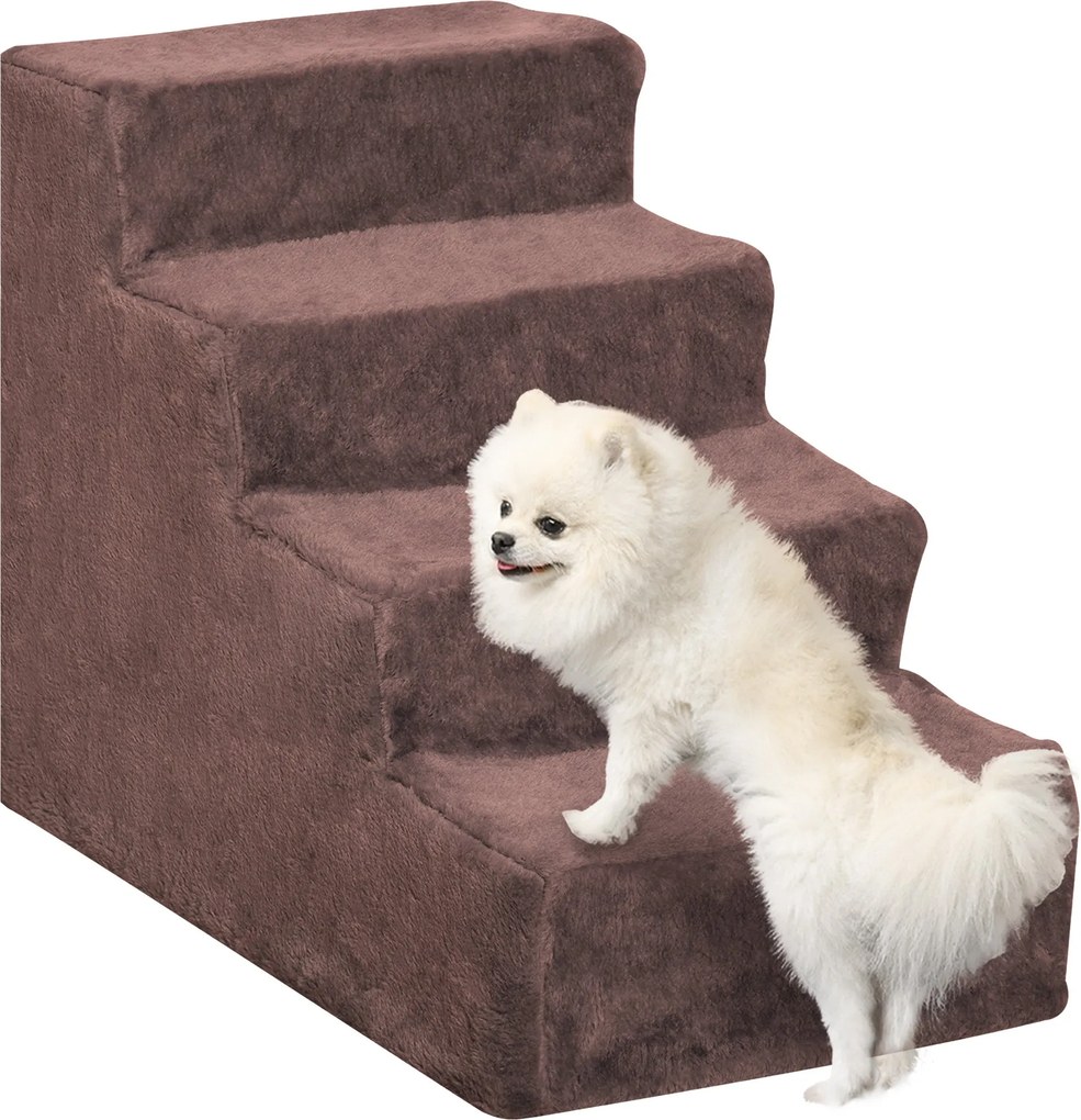 PawHut 4 Lépcsős Kisállat Lépcső, Levehető és Mosógépben Mosható Borítással Ágyhoz és Kanapéhoz 60x35x44 cm Barna | Aosom