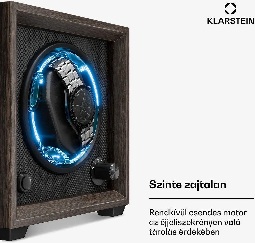 Klarstein Brienz 1, órafelhúzó, 1 óra, 4 üzemmód, fa megjelenés, kék belső világítás