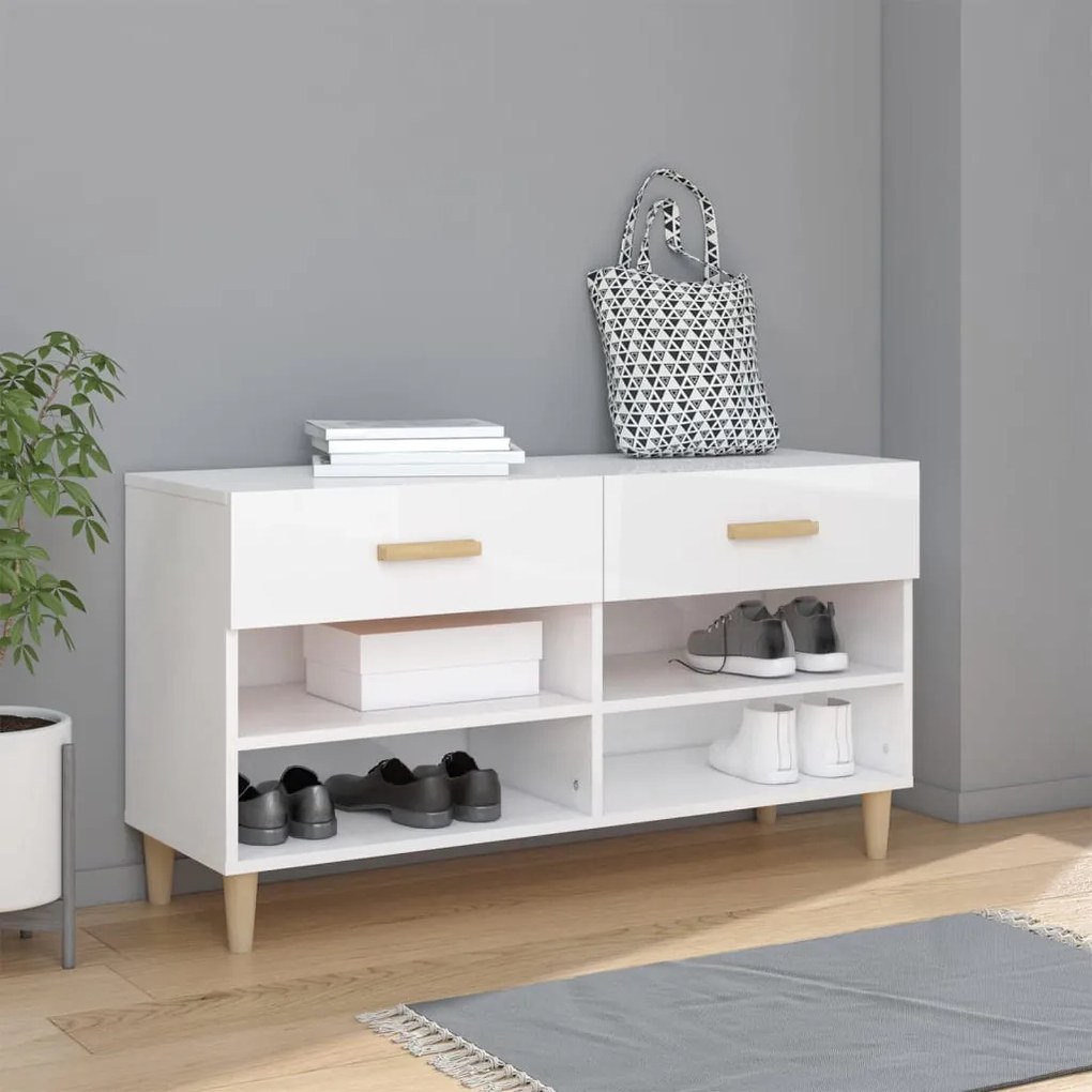 magasfényű fehér szerelt fa cipőszekrény 102x35x55 cm
