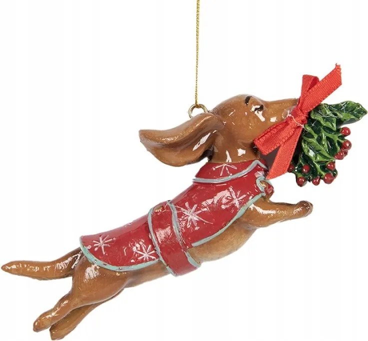 Függő karácsonyi tacskó dekoráció fagyönggyel 12x2x4 cm