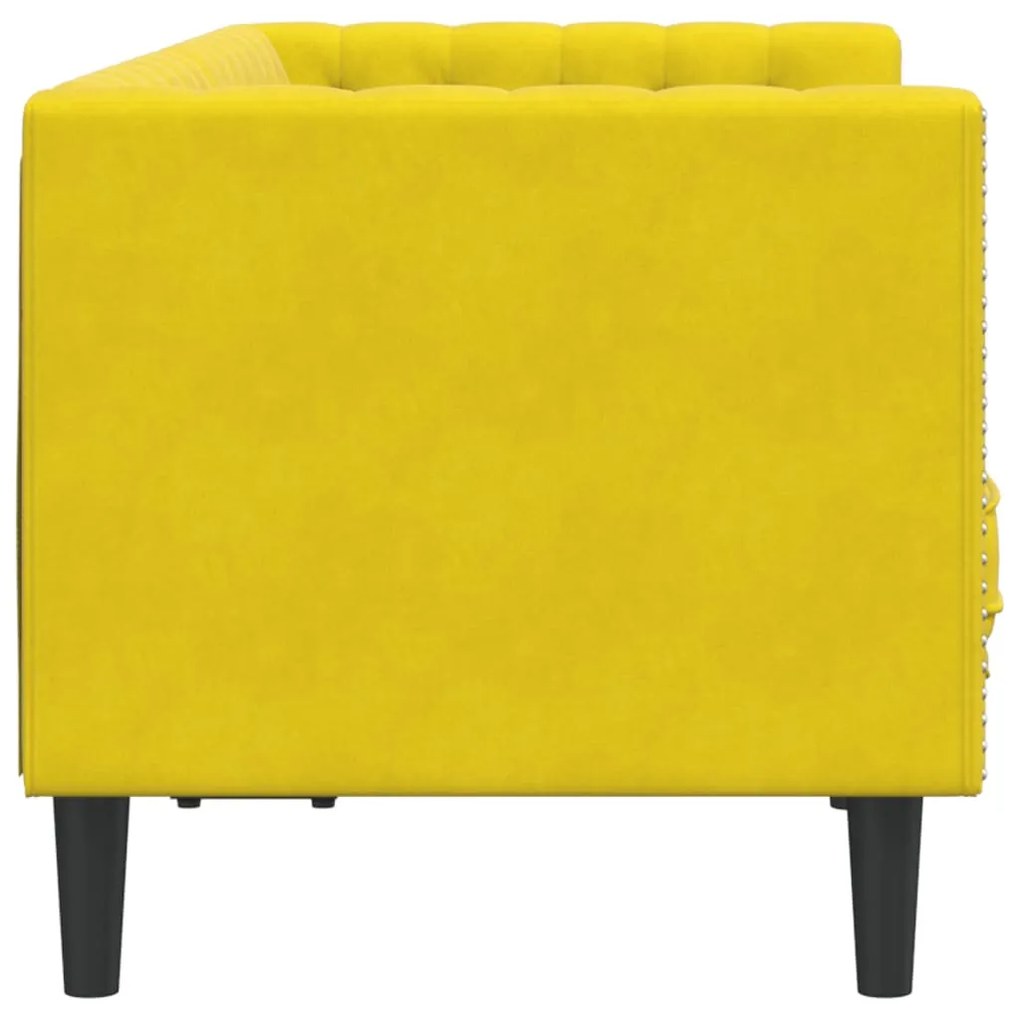 2 személyes sárga bársony Chesterfield kanapé hengerpárnákkal