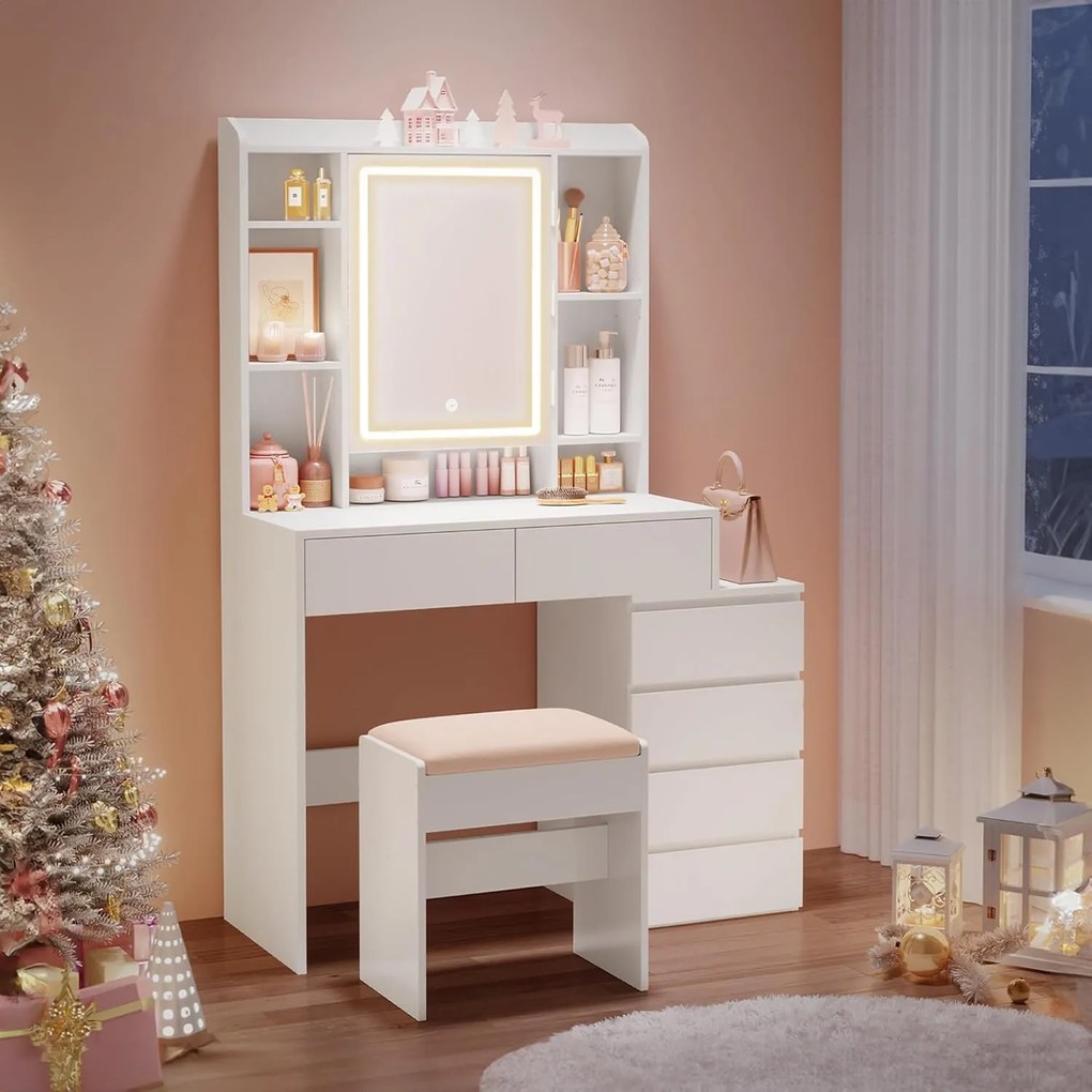 KAILYN Fésülködő asztal, LED-es sminkasztal puffal és tükörrel, felhőfehér színben