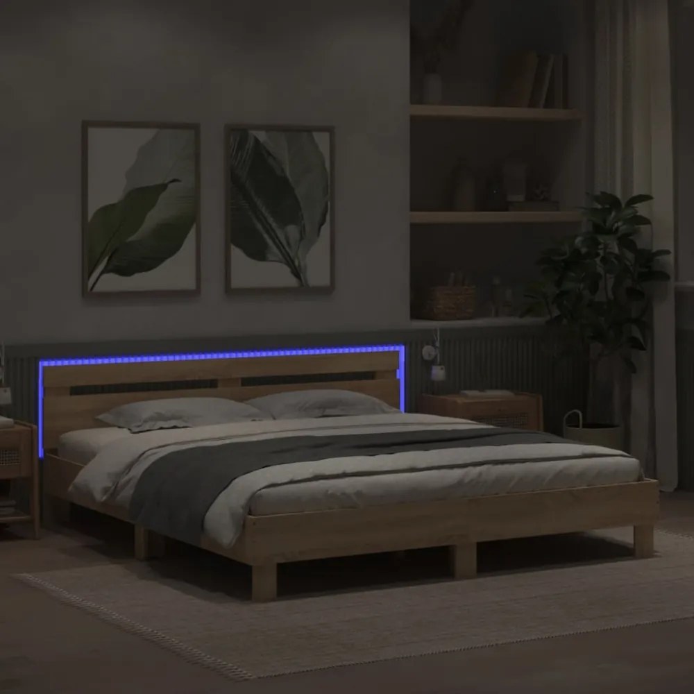 sonoma tölgy színű ágykeret fejtámlával és LED-del 200 x 200 cm