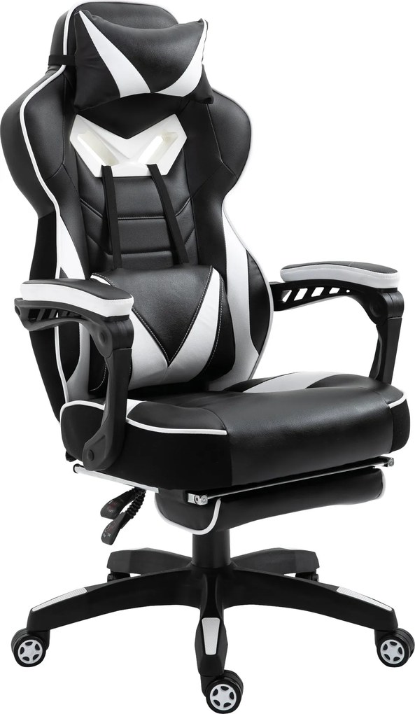 Vinsetto Ergonomikus Játék Szék Irodai Szék Magasságban Állítható Dőlt Hátlap Lábpihenő Fejtámla Derékpárna Kerekek 65x70x118.5-128.5 cm Fehér | Aosom