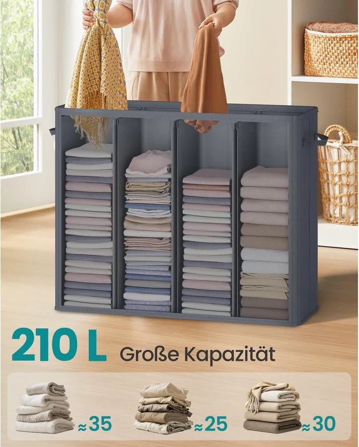SONGMICS 4 rekeszes szennyestartó kosár tetővel, 210 L, sötétszürke