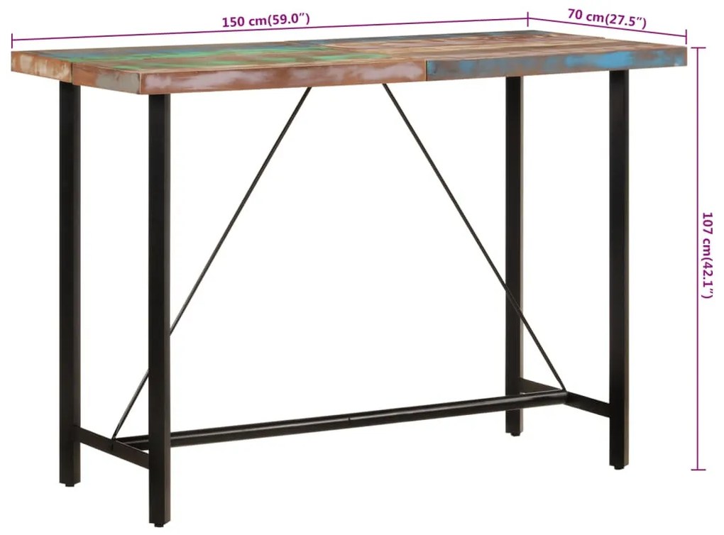 tömör újrahasznosított fa és vas bárasztal 150 x 70 x 107 cm