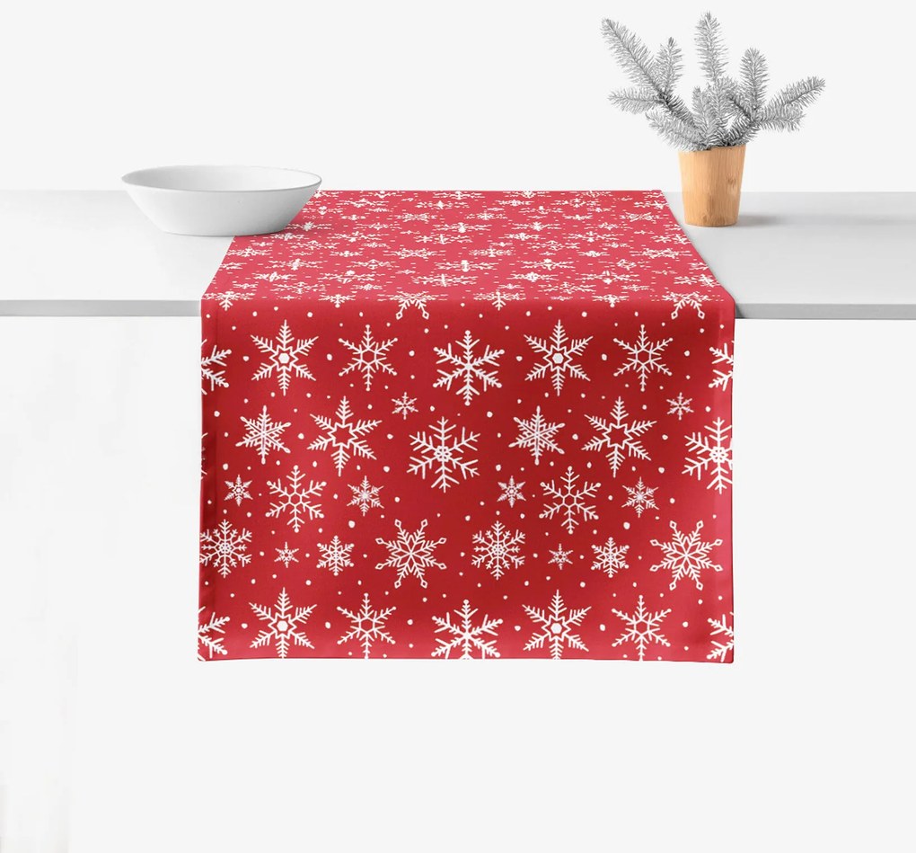 Goldea valencia karácsonyi asztali futó - fehér pelyhek piros alapon 20x120 cm