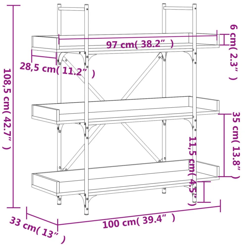 3-szintes barna tölgy szerelt fa könyvespolc 100x33x108,5 cm