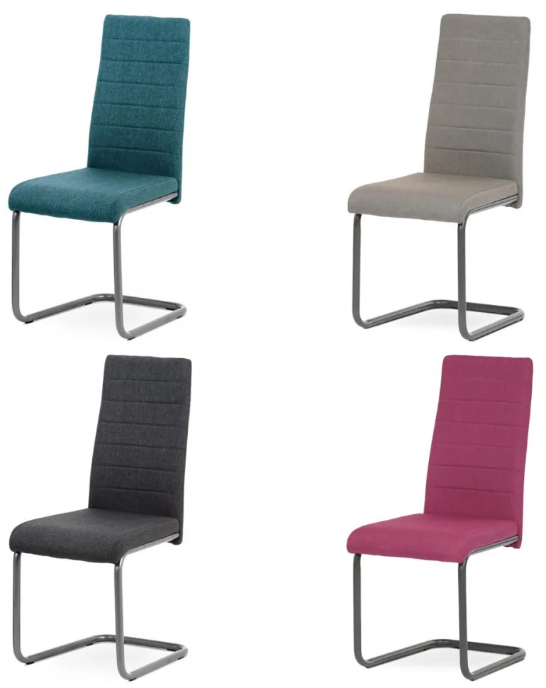 Scaun de dining cu spătar sleigh de culoare trufașă, cu tapițerie din țesătură și picioare din metal antracit. DCL-400