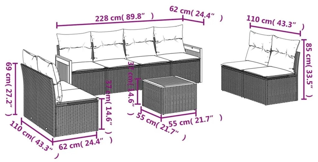 9 részes szürke polyrattan kerti ülőgarnitúra párnákkal