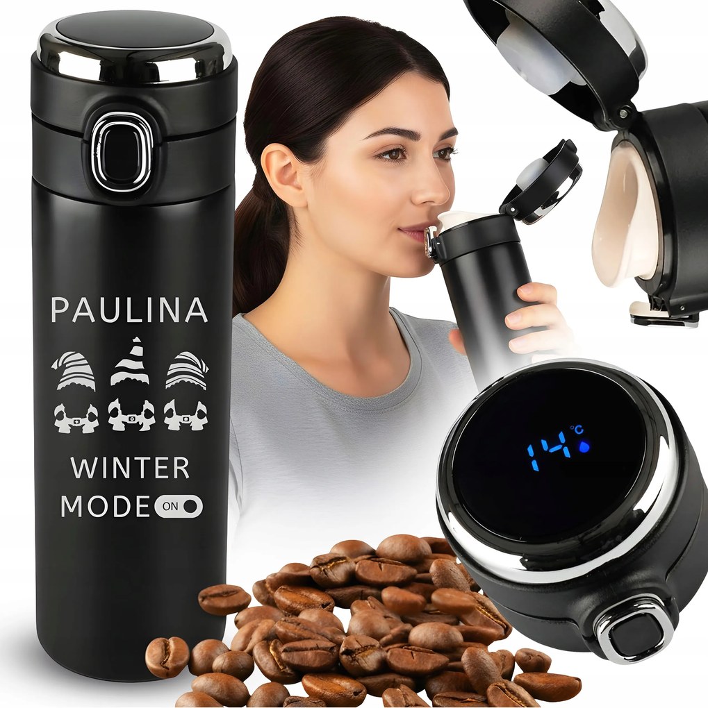 Termoszbögre Gravírozott Led Kijelzővel, Kávéhoz, 420ML Ajándéknak Is Tökéletes