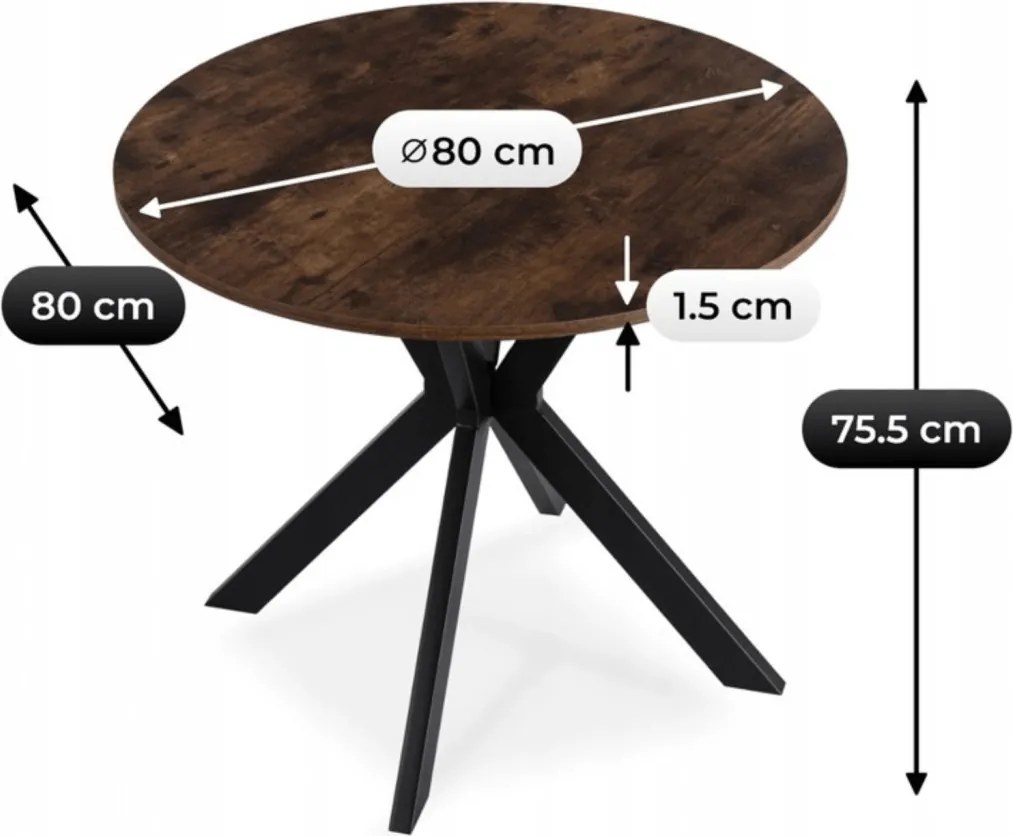 Kerek Étkezőasztal Rusztikus Tölgy/Fekete Színben. LAUREN 80 cm