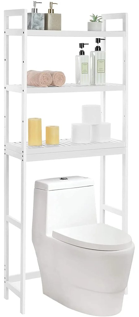 Mosógép feletti tárolószekrény, bambusz fürdőszoba szekrény, fehér 63x26x163cm