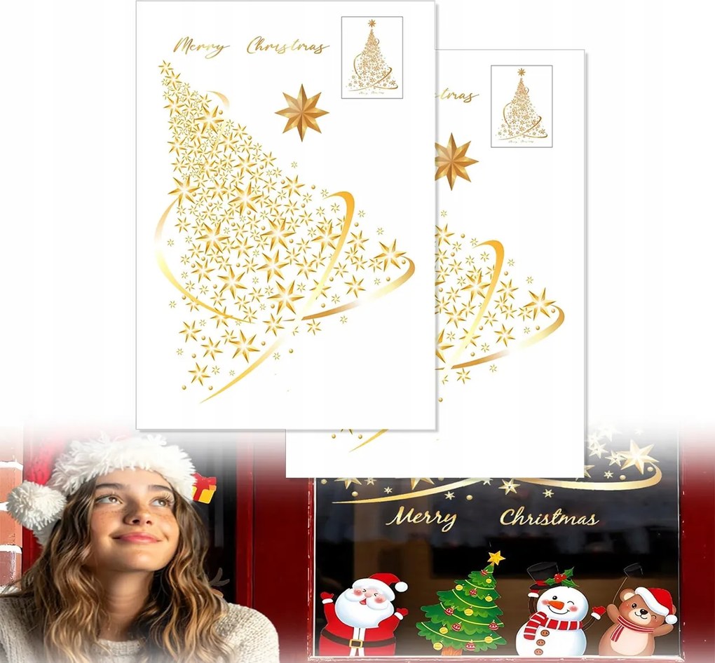 Karácsonyi Arany matricák Statikus Karácsonyfa dekoráció a kirakatba