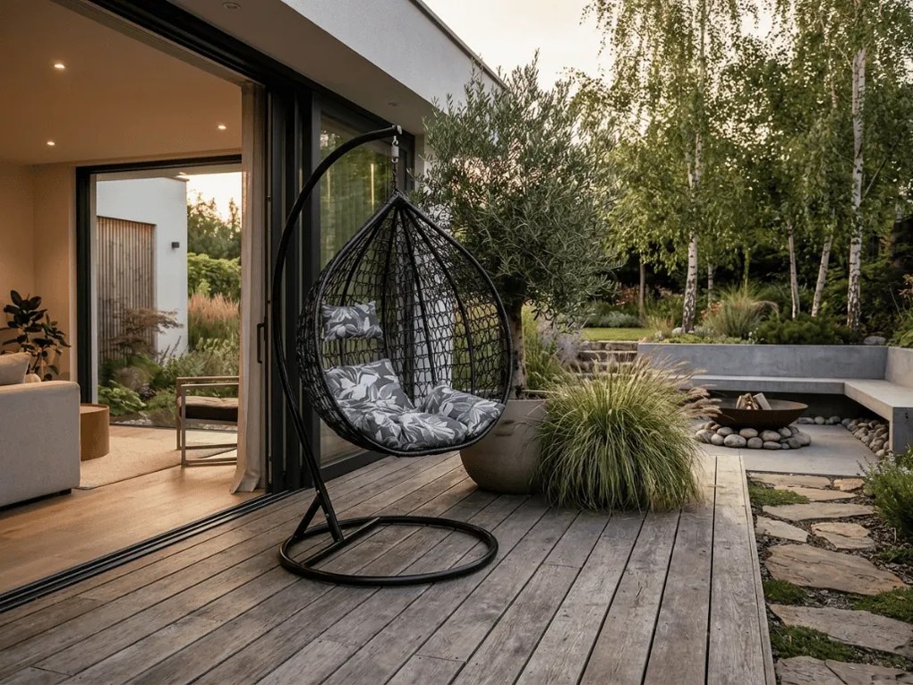 Fekete függő KOKON szék állvánnyal, zöld-fehér párna