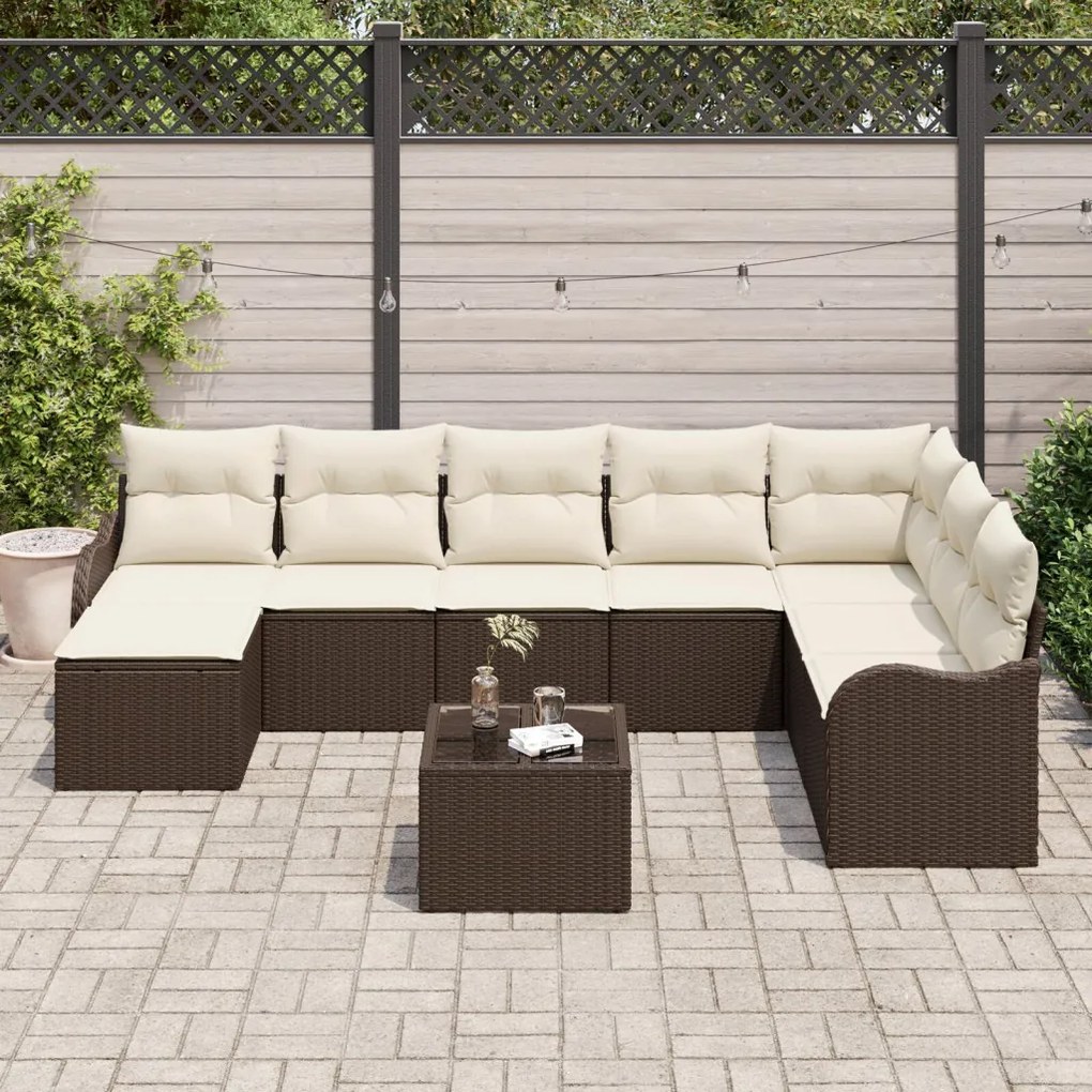 8 Részes Kert Sofa Készlet Párnákkal Szürke Poli Rattan, 2-Személyes Kert Sofa Tárolóval és Párnákkal Barna Poli Rattan