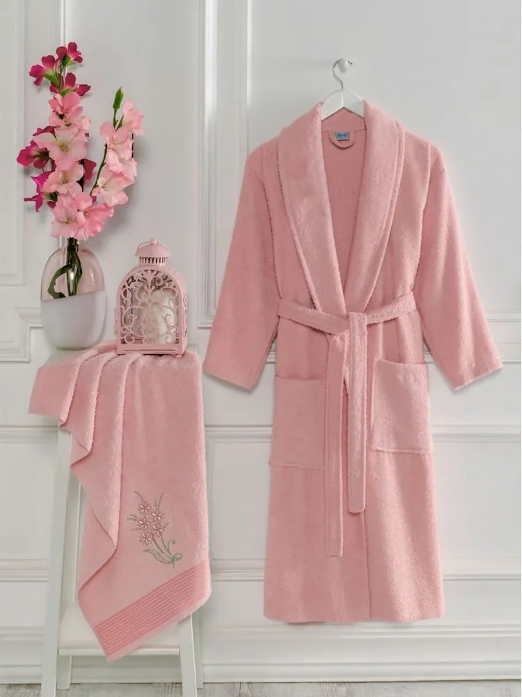 Rózsaszín pamut fürdőköpeny és törölköző szett S/M – Mila Home