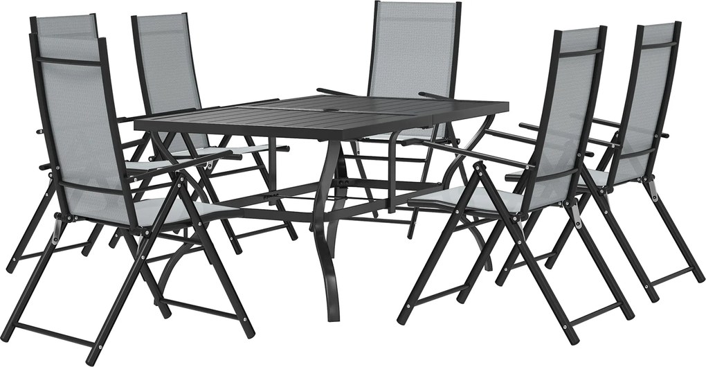 Outsunny 7 darabos kertasztal és szék szett, étkezőasztal ernyőnyílással és 6 magas hátraszokott összecsukható kültéri székkel, acél téglalap alakú ke