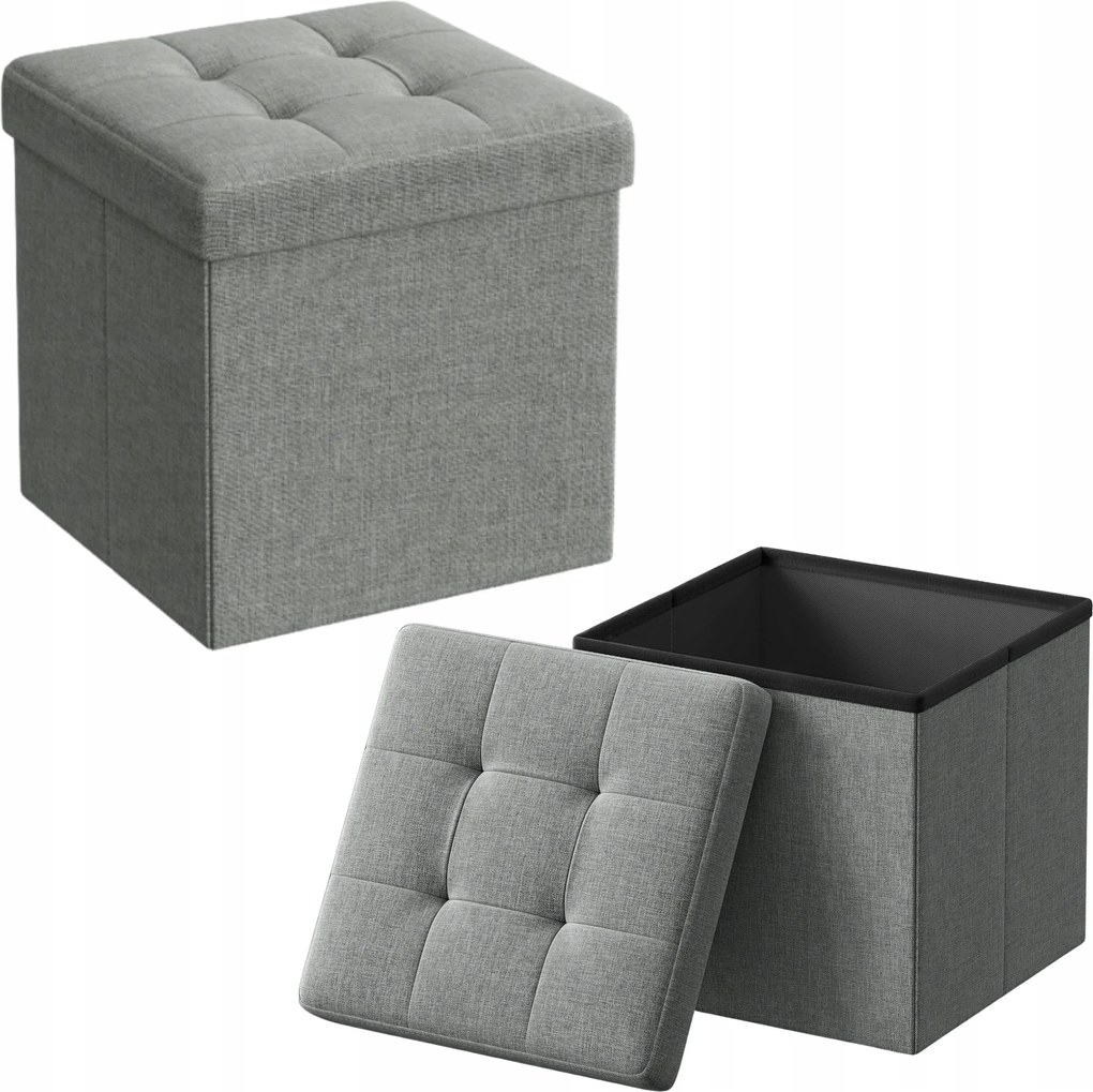 Kárpitozott puff tárolórekesszel, kis összecsukható pad, 30x30cm, világosszürke