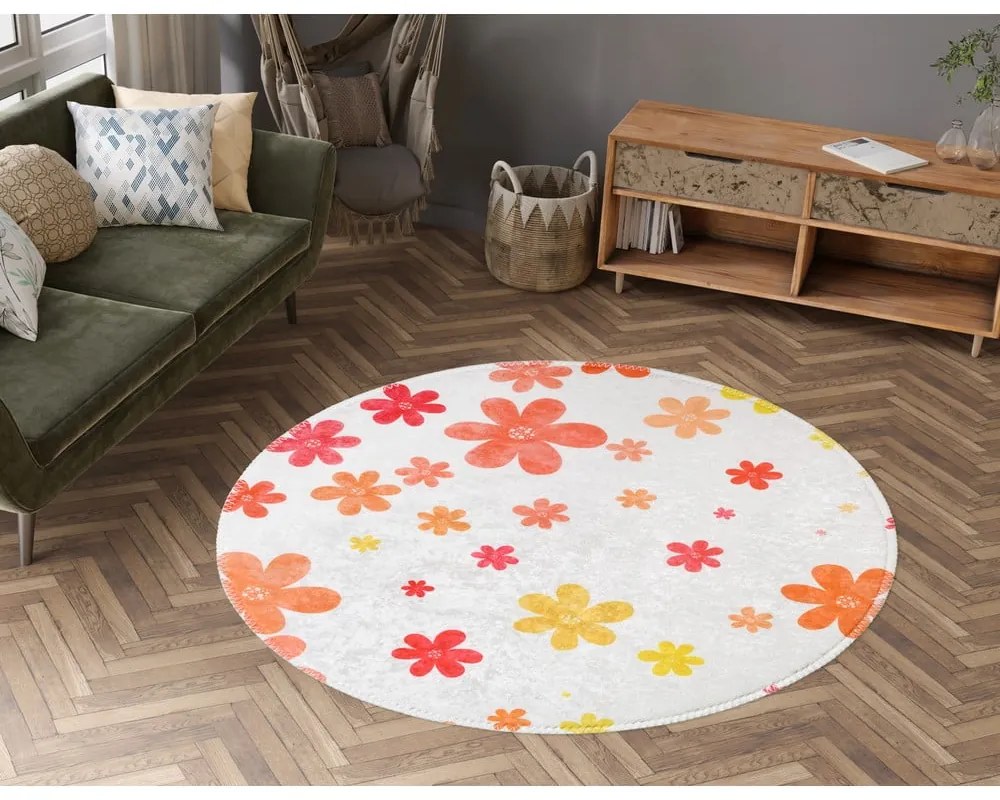 Narancssárga-elefántcsont színű mosható gyerek szőnyeg ø120 cm Fall Flowers – Vitaus