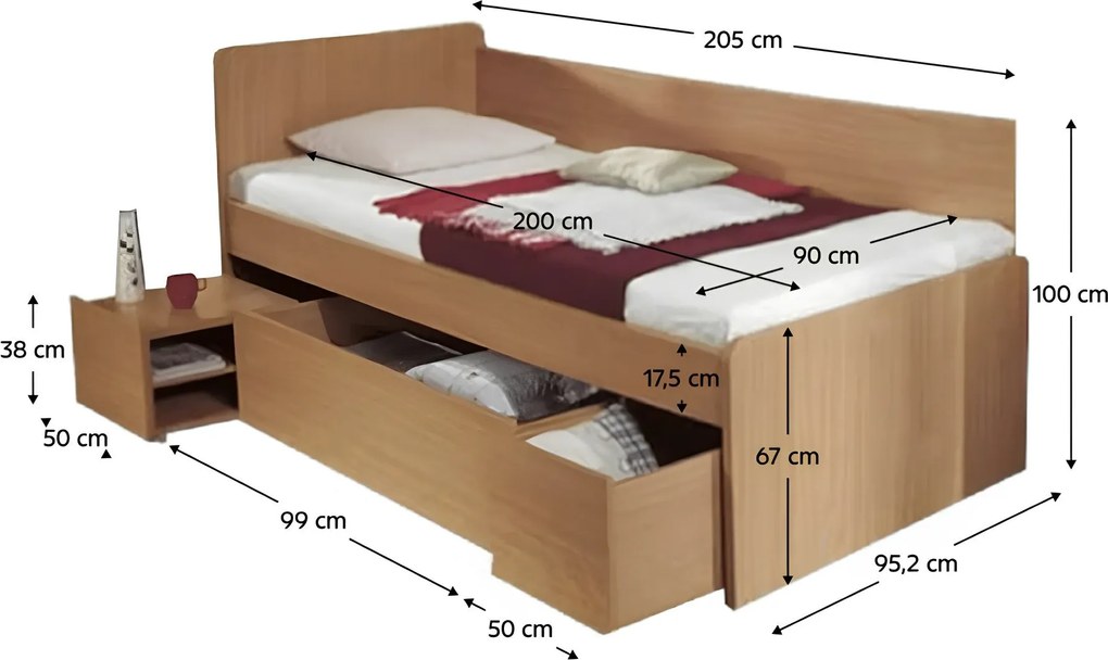 Ágy ágyneműtartóval, bükk, 90x200 cm, OTO