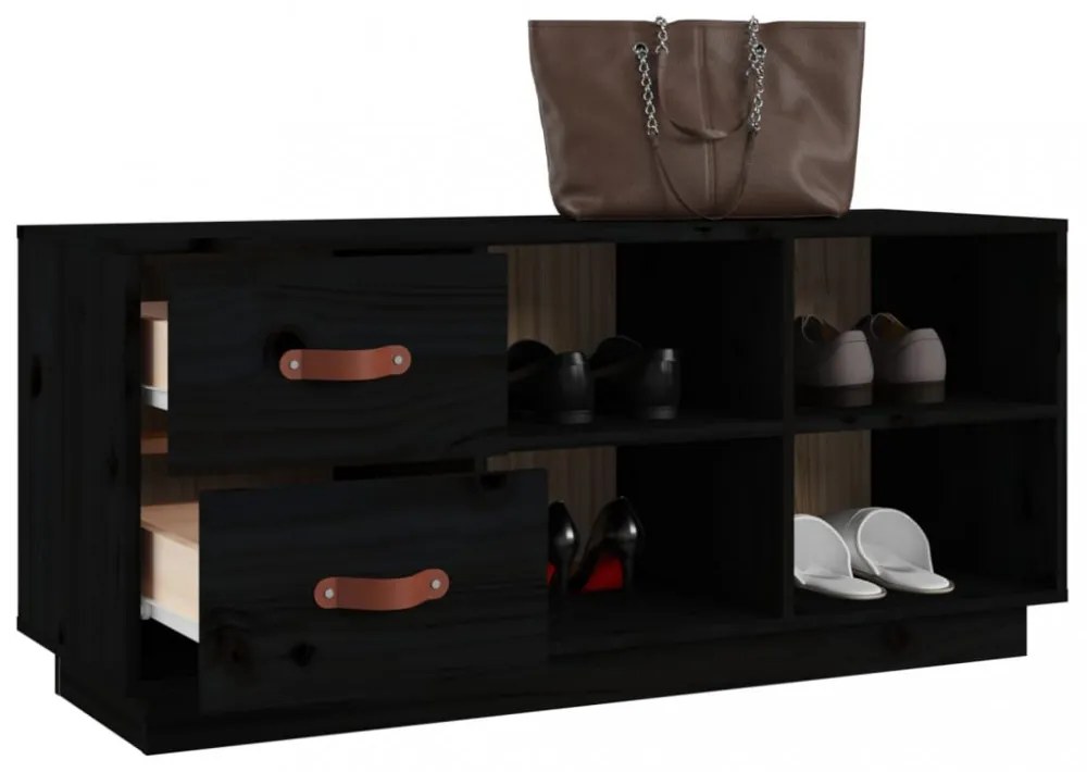 fekete tömör fenyőfa cipőtároló pad 100 x 34 x 45 cm