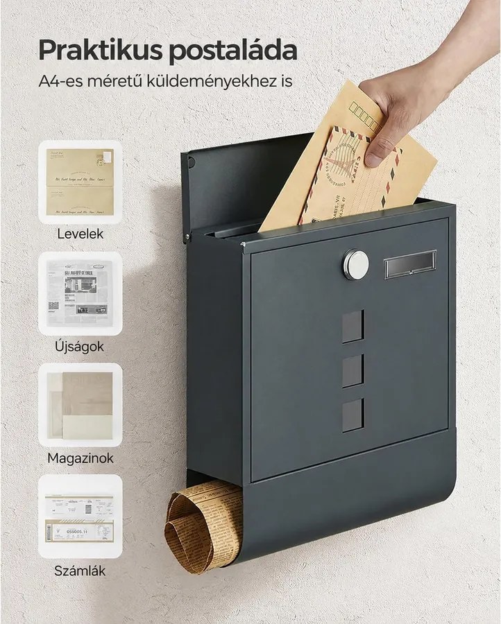 Postaláda újságtartóval, zárható, falra szerelhető, 30,5 x 9,5 x 33,3 cm, antracitszürke