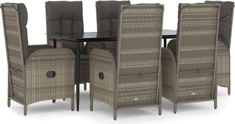 vidaXL 7 részes fekete és szürke polyrattan kerti étkezőszett párnával