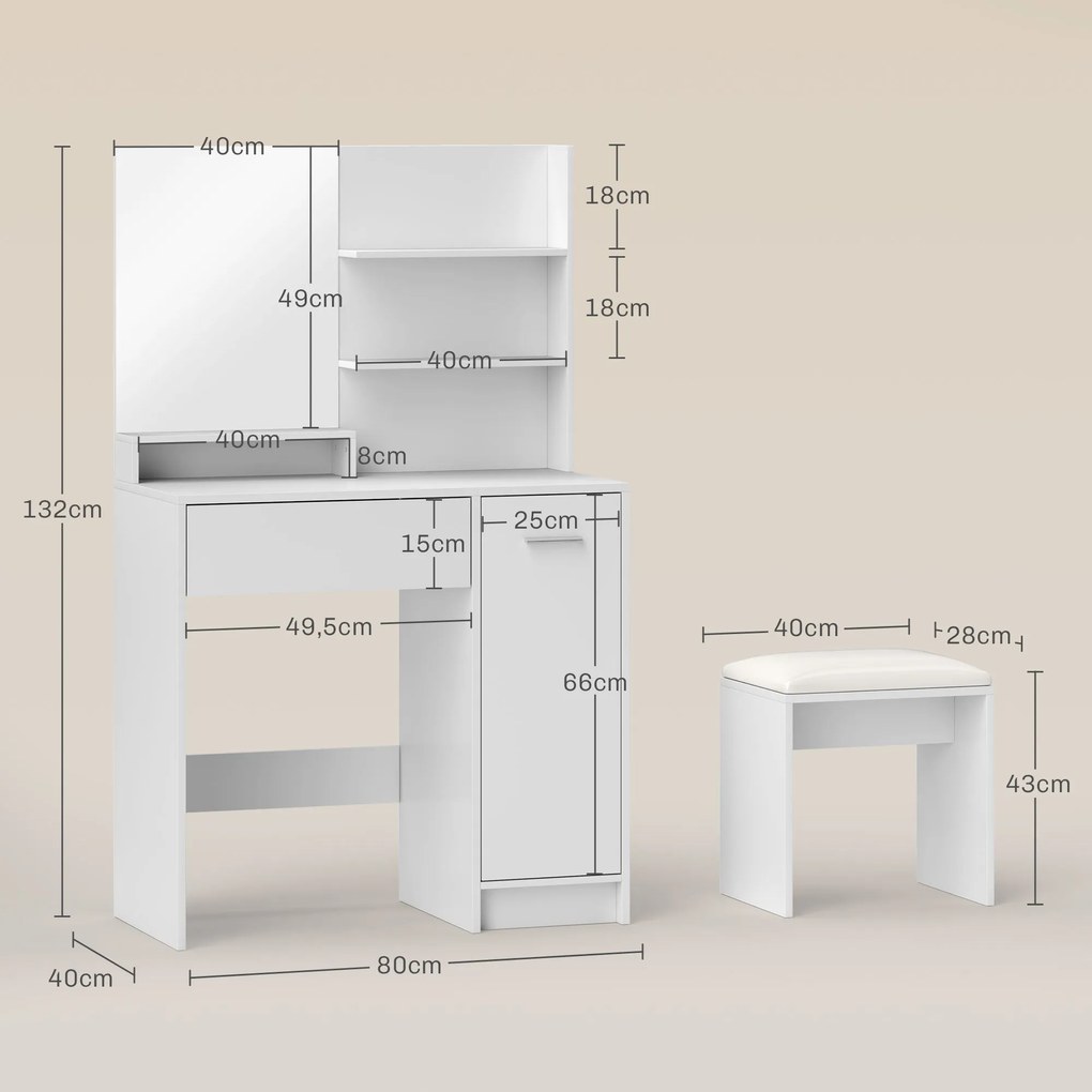 HOMCOM Sminkasztal Szett Tükörrel és Párnázott Székkel, Fiókkal, Tárolószekrénnyel és Állítható Polccal, 80L x 40W x 132H cm, Fehér | Aosom