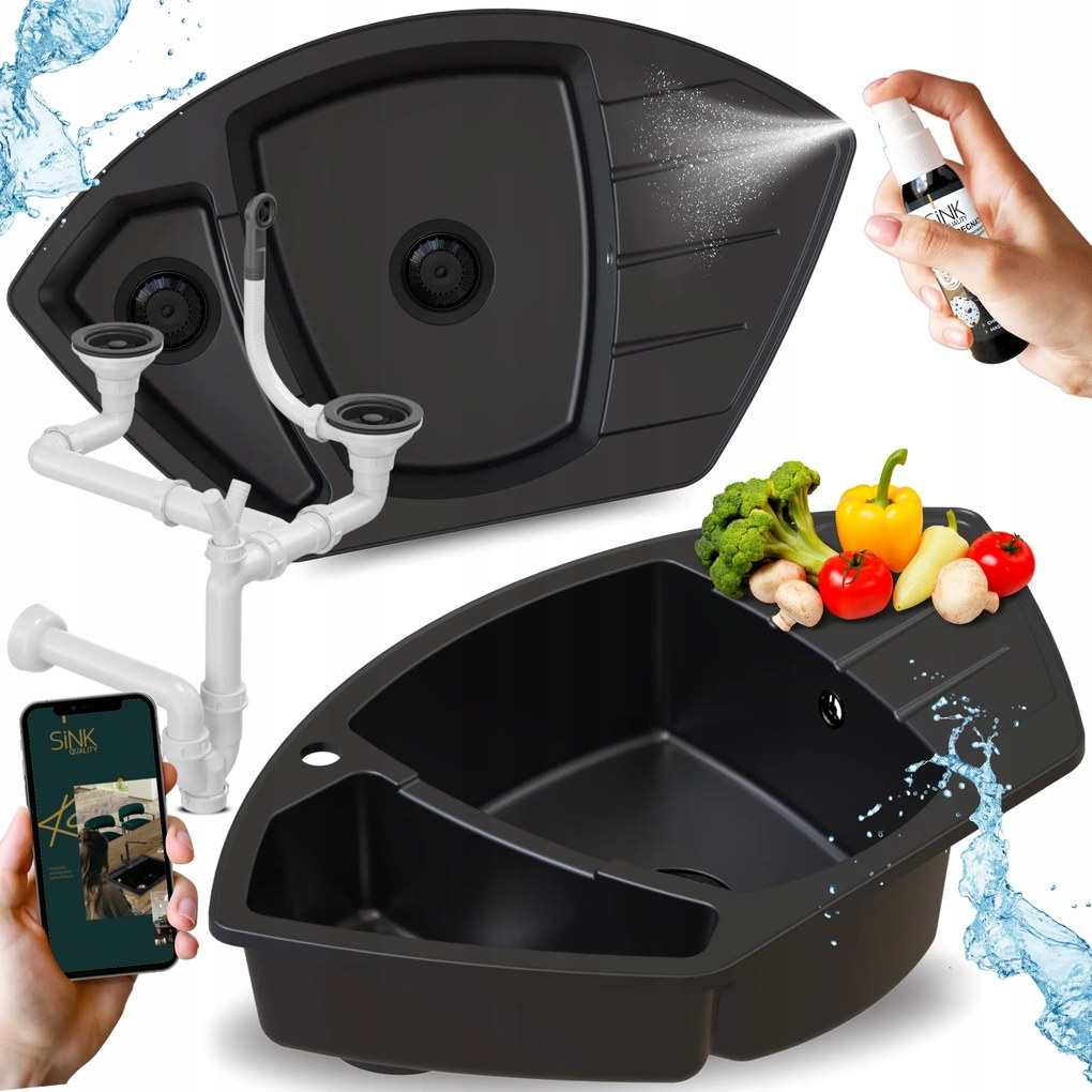 Mosogató Sarok mosogató fekete Gránit kétrekeszes Konyhai csepegtetővel