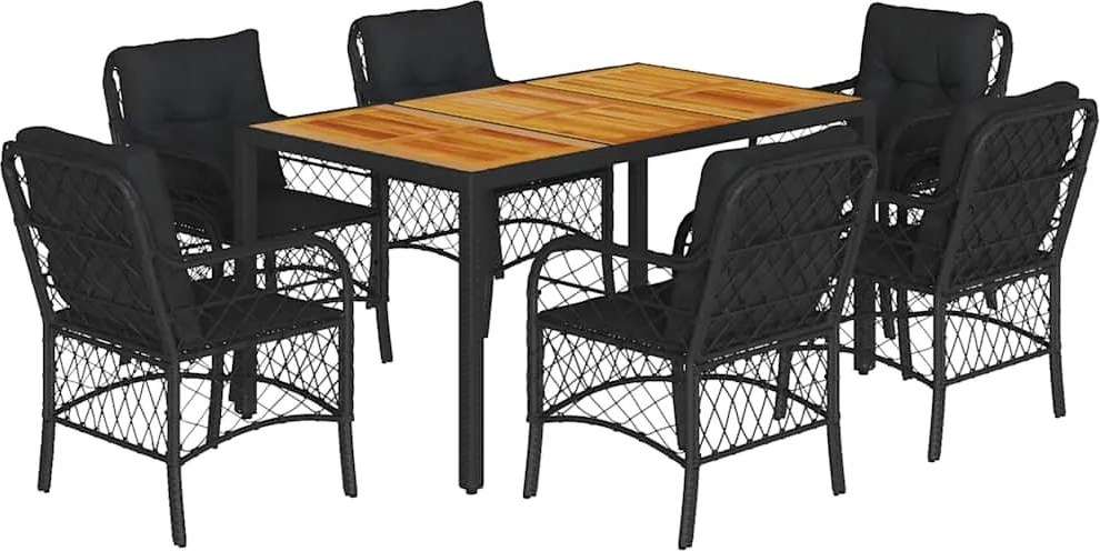 vidaXL 7 részes fekete polyrattan kerti étkezőgarnitúra párnával