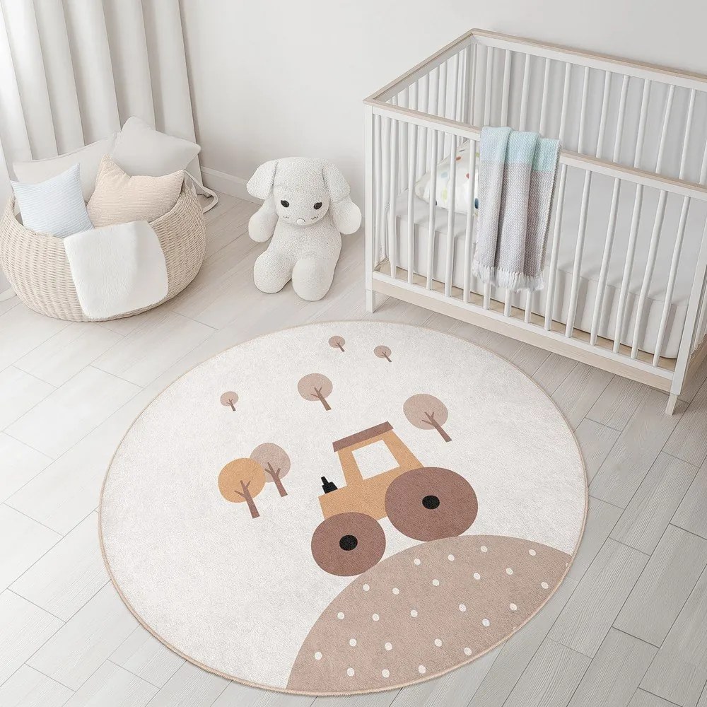 Bézs mosható gyerek szőnyeg ø150 cm Tractor World – Mila Home