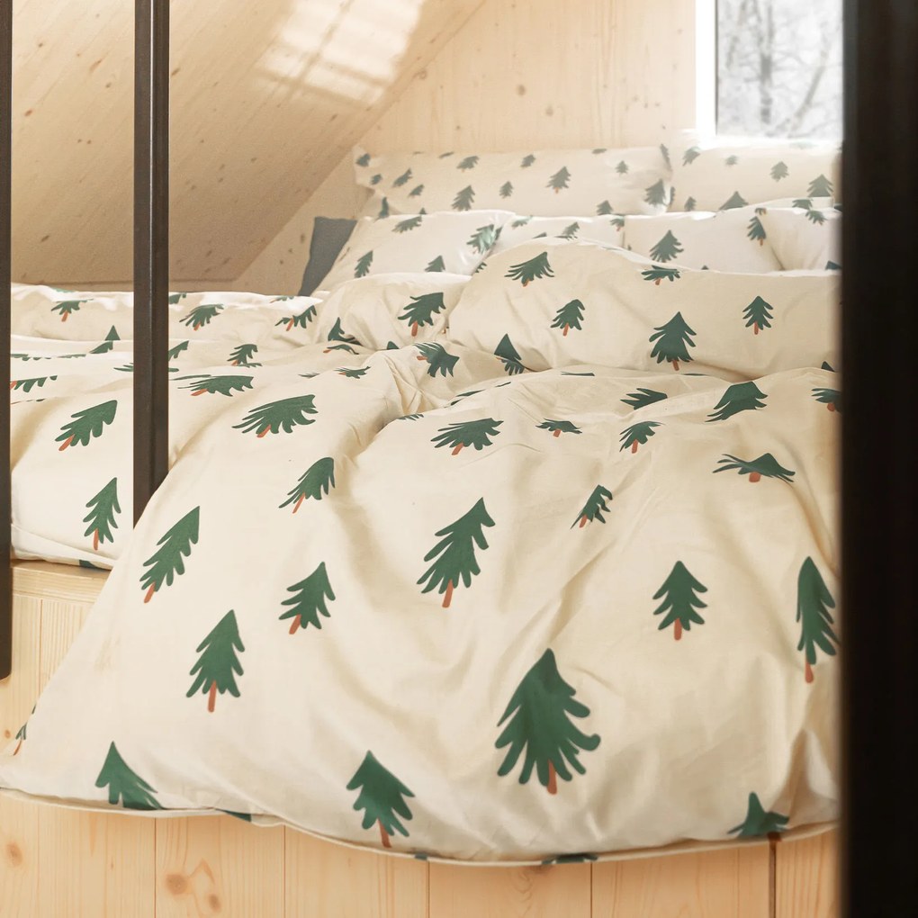 Goldea karácsonyi pamut ágyneműhuzat - fenyőfák natúr alapon 140 x 200 és 70 x 90 cm