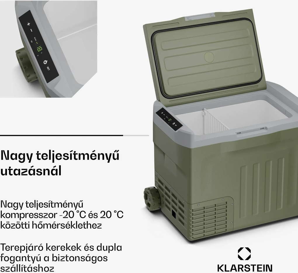 Klarstein PolarForce 40L kompresszoros hűtődoboz, LCD panel, világítás, off-road, akkumulátorvédelem, 12V/230V