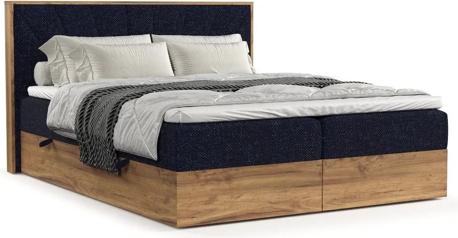 Sötétkék-natúr színű ágyneműtartós boxspring ágy 200x200 cm Asahi – Maison de Rêve
