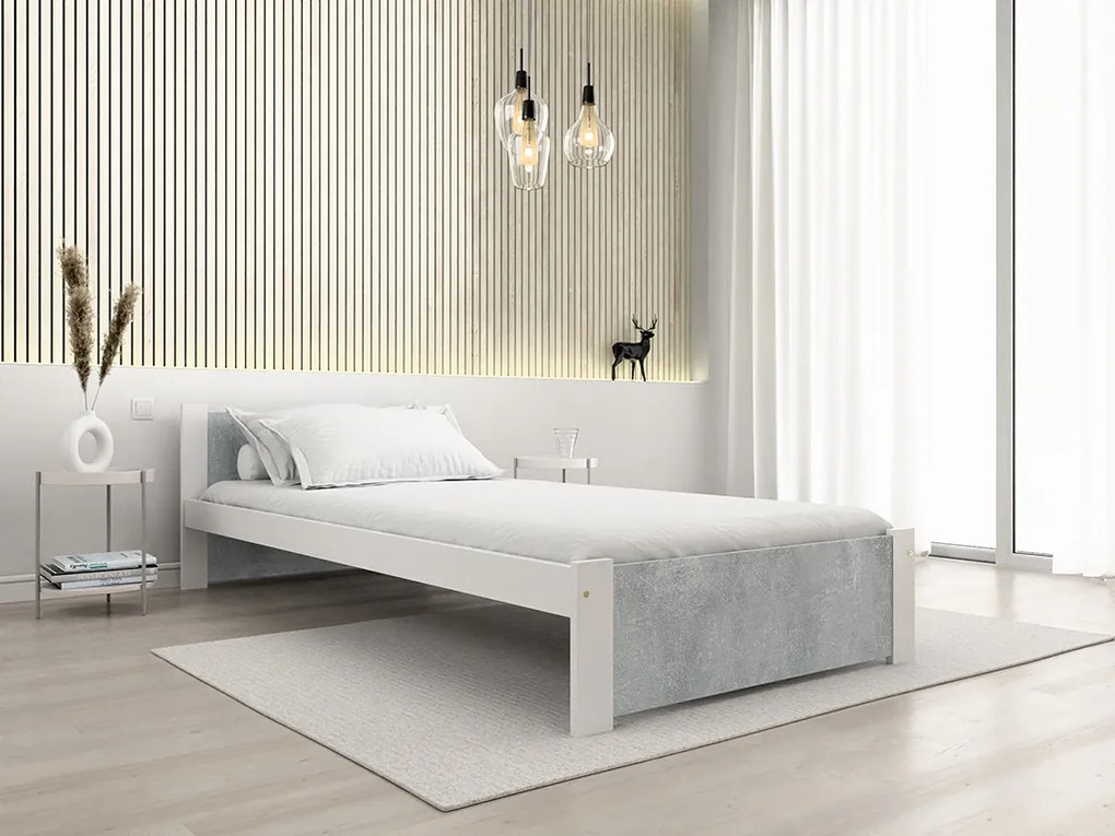 Ágy IKAROS 90 x 200 cm, beton/fehér Matrac: Deluxe 10 cm matraccal, Ágyrács: Lamellás ágyráccsal