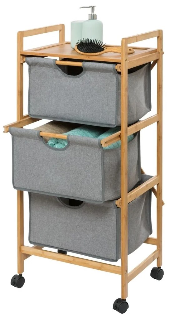 Többszintes támaszték 3 fiókkal Bahari, Wenko, 44 ​​x 96 cm, bambusz / poliészter / pamut, natúr / szürke