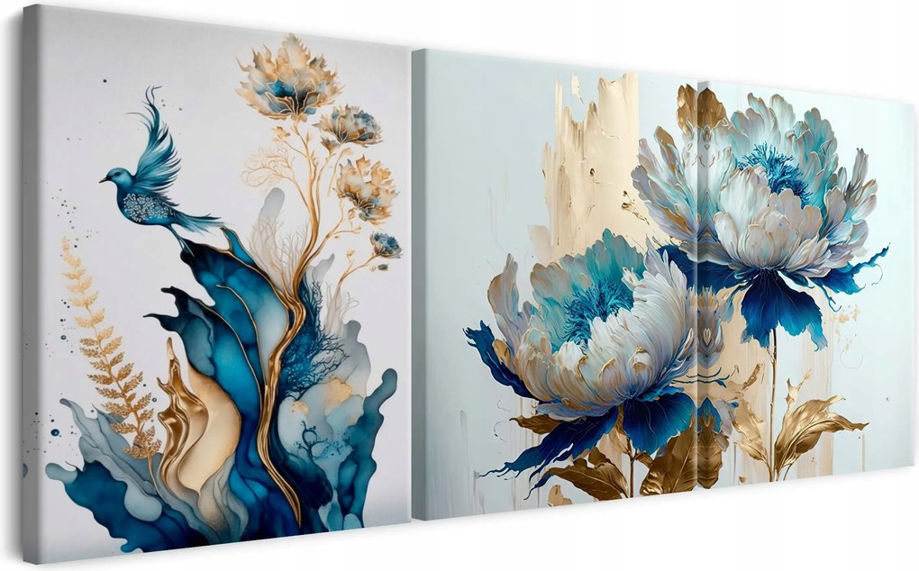 Vászonkép triptichon falra a hálószobába arany virágok madár 90x180