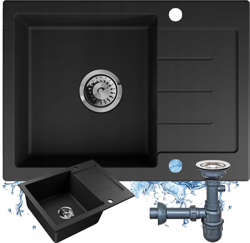 Fekete gránit mosogató, kis méretű, egy medencés konyhai mosogató szifon