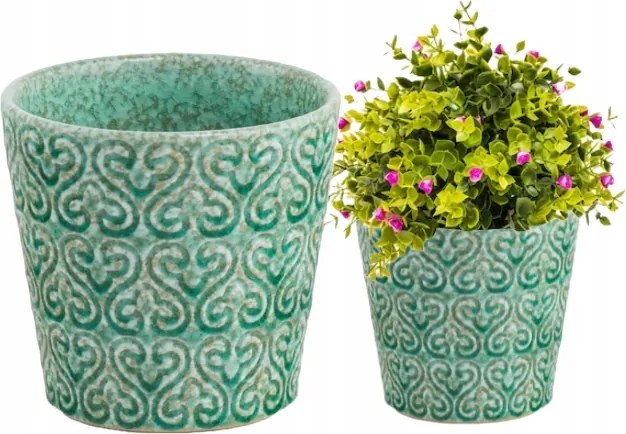 Kerámia virágtartó, zöld díszes 14 x 13 cm