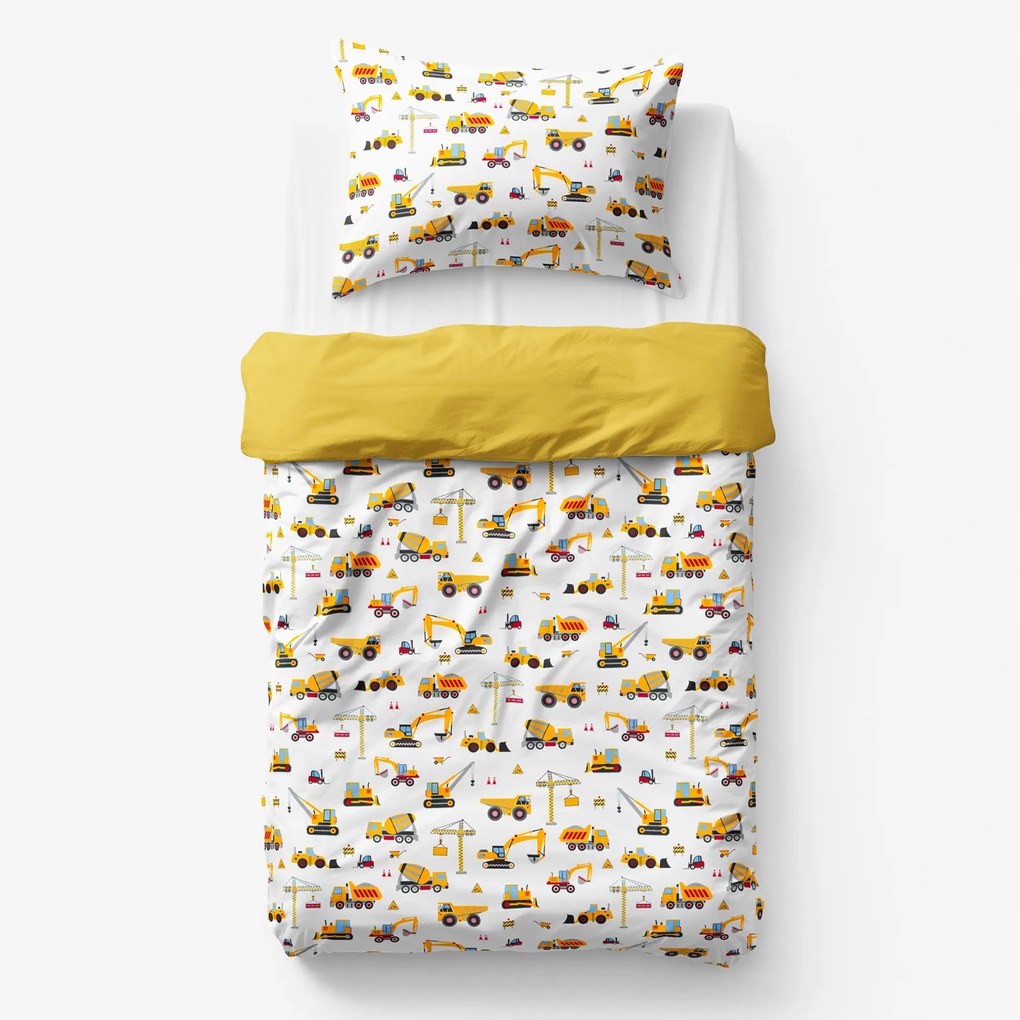 Goldea gyermek pamut ágyneműhuzat duo - teherautók és kotrógépek, mézsárga hátoldal 140 x 200 és 70 x 90 cm