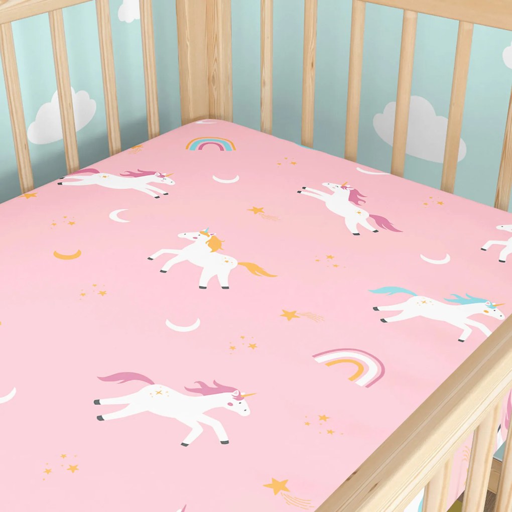 Goldea gyermek körgumis pamut lepedő kiságyba - vidám egyszarvúak 60 x 120 cm