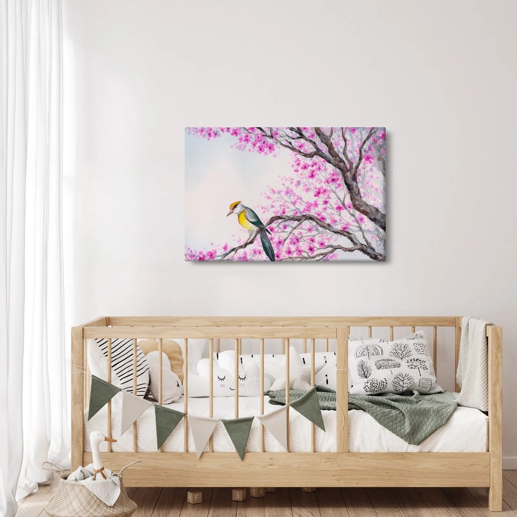 Kép - Madár egy fán rózsaszín virágokkal (90x60 cm)