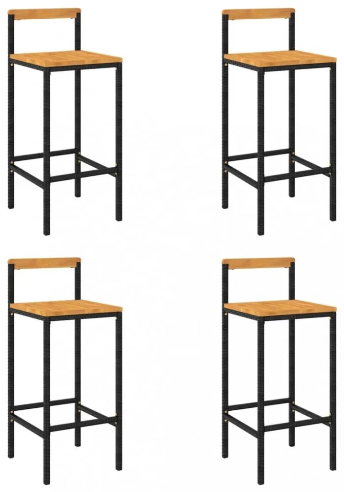 4 db fekete polyrattan és tömör akácfa bárszék