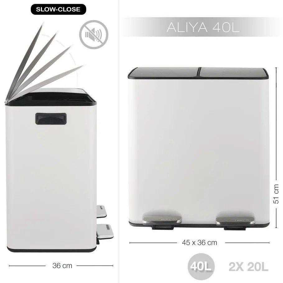 Matt fehér acél szelektív pedálos szemetes 2x20 l Aliya – Spirella